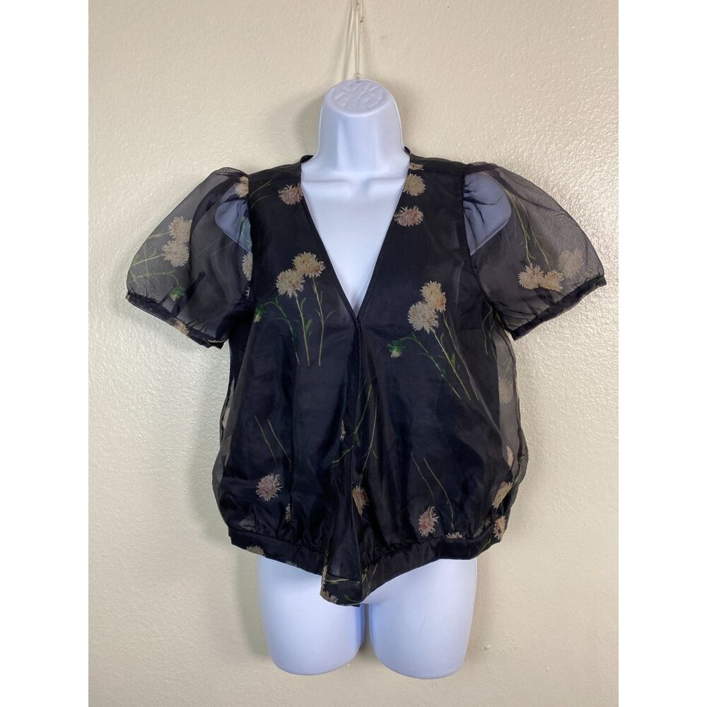 Madewell Silk organza Puff Sleeve Wrap Top sz XS Lightweight Floral Boho cottage